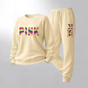 Women's 2-Piece Rainbow Letter Print Crewneck Sweatshirt & Drawstring Track Pants Set - Long-Sleeve Casual Sportswear, Suitable for Spring, Autumn, Winter Everyday Wear