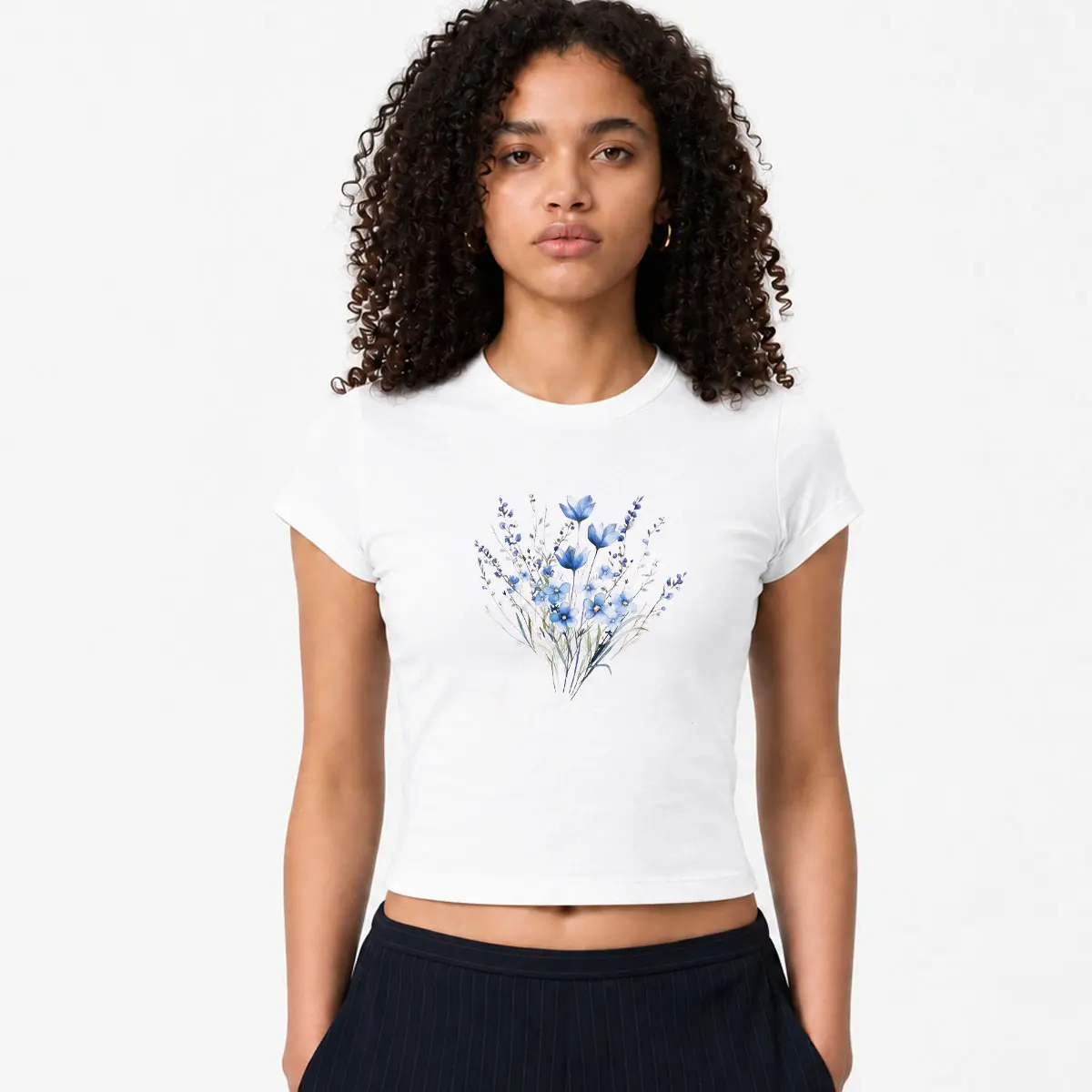 Blue Wildflower Baby Tee for Women, Minimalist Floral Graphic Fitted Crop Top, Cottagecore Aesthetic Micro Rib T-Shirt