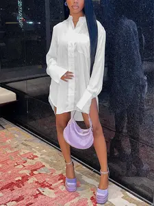 Women's Fashion Polo Collar Short Dress, Sexy Side Slit Solid Color Shirt Dress, Autumn Winter New Arrival Casual Wear