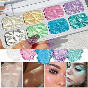 8 Colors Face Cheek Highlighter Makeup Palette,Cream Eyeshadow Sets,Shimmer Glitter Iridescent Multichrome Holographic Eyeshadow Palette, Purple Rainbow Glitter Highlighter Makeup, Highlight and Contour Palette, Eye Makeup, Powder Cosmetic, Makeup Gift