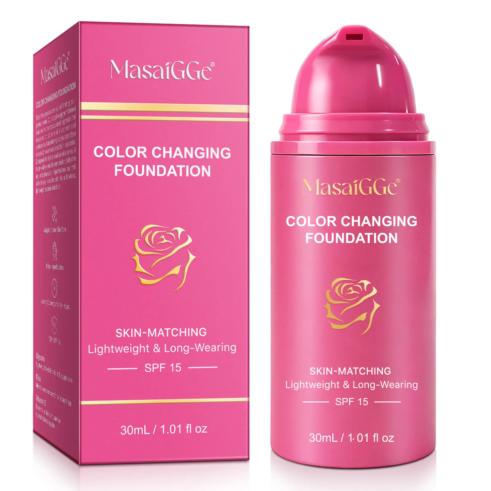 MasaiGGe Color Changing Foundation, SPF 15 UV Protection, Daily Flawless Natural Look Makeup, Lightweight Long-Wearing, 30mL, Hides Blemishes, Tube Pack