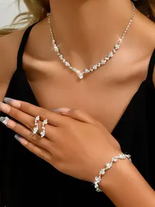 Rhinestone-Adorned 3-Piece Crystal Costume Jewelry Set - Trendy Bling Luxe Set with Exquisite Pendant Necklace, Tassel Earrings, Bracelet for Party Occasions, Rhinestone-Adorned Jewelry Sets, Trendy Jewelry Sets