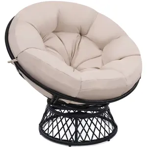 Giant 46" Oversized Ergonomic Rattan Papasan Chair with Soft Thick Cushion for Adults 360° Swivel Waterproof Black Frame Beige Cushion Outdoor Patio Set