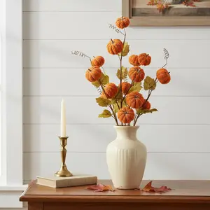 360 Stand Orange & Green Fall Mini Pumpkin Wreath Sprays - Set of 6, Bendable Stems, Linear Shape, Festive Home Decor, Room Decor Fruit Flower Garland Plant Ornaments, Table Decor, Decorative