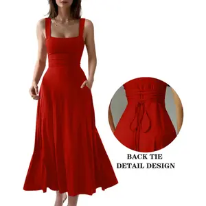 Women's casual sleeveless square-neck A-line solid color slim-fit flowing long dress, with pockets and a back tie design