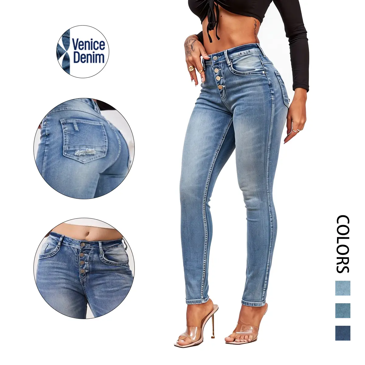 Women's High Waist Skinny Jeans - Cotton Polyester Spandex Fabric, Stretchy Elastic Tight Leg, Basic Everyday Top Tee Day Comfy Casual Blue Bleached Streetwear Slim Fit Light Bottoms, Hip
