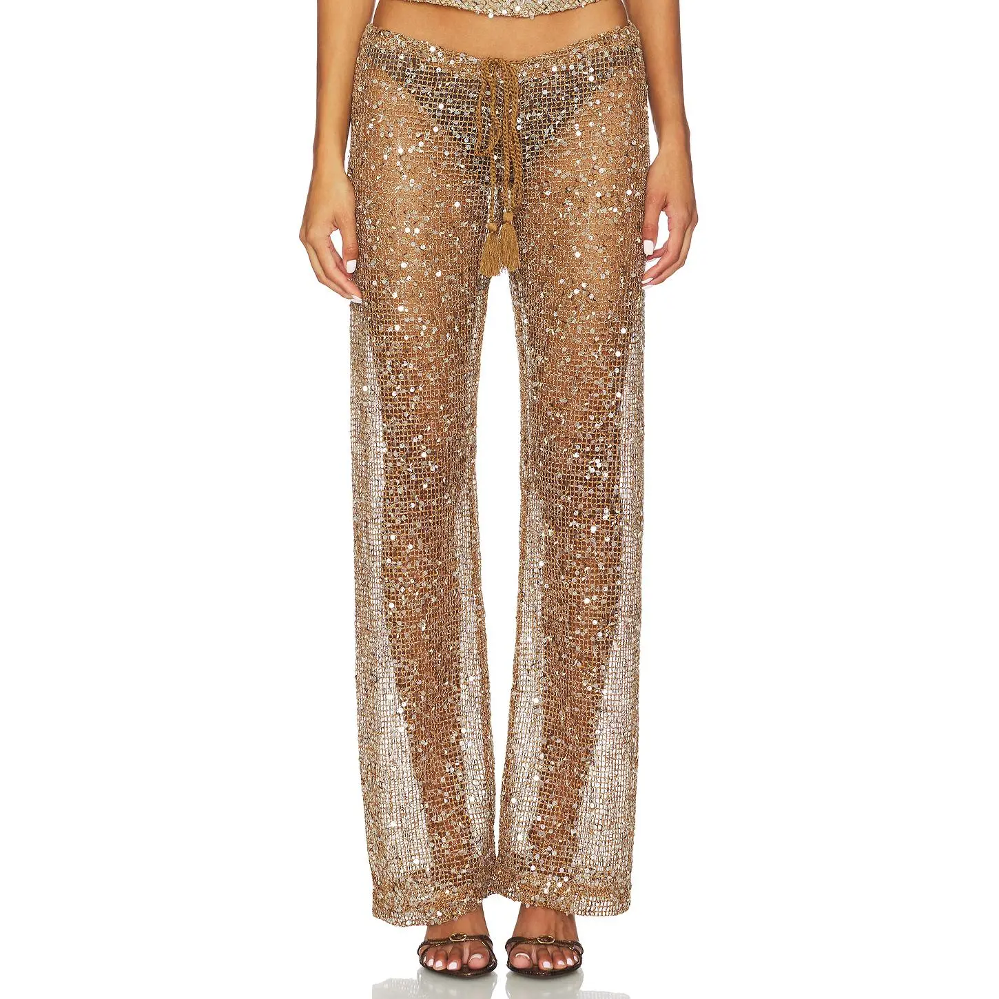 Jaded London Sequin Mesh Drawstring Trousers in Sand