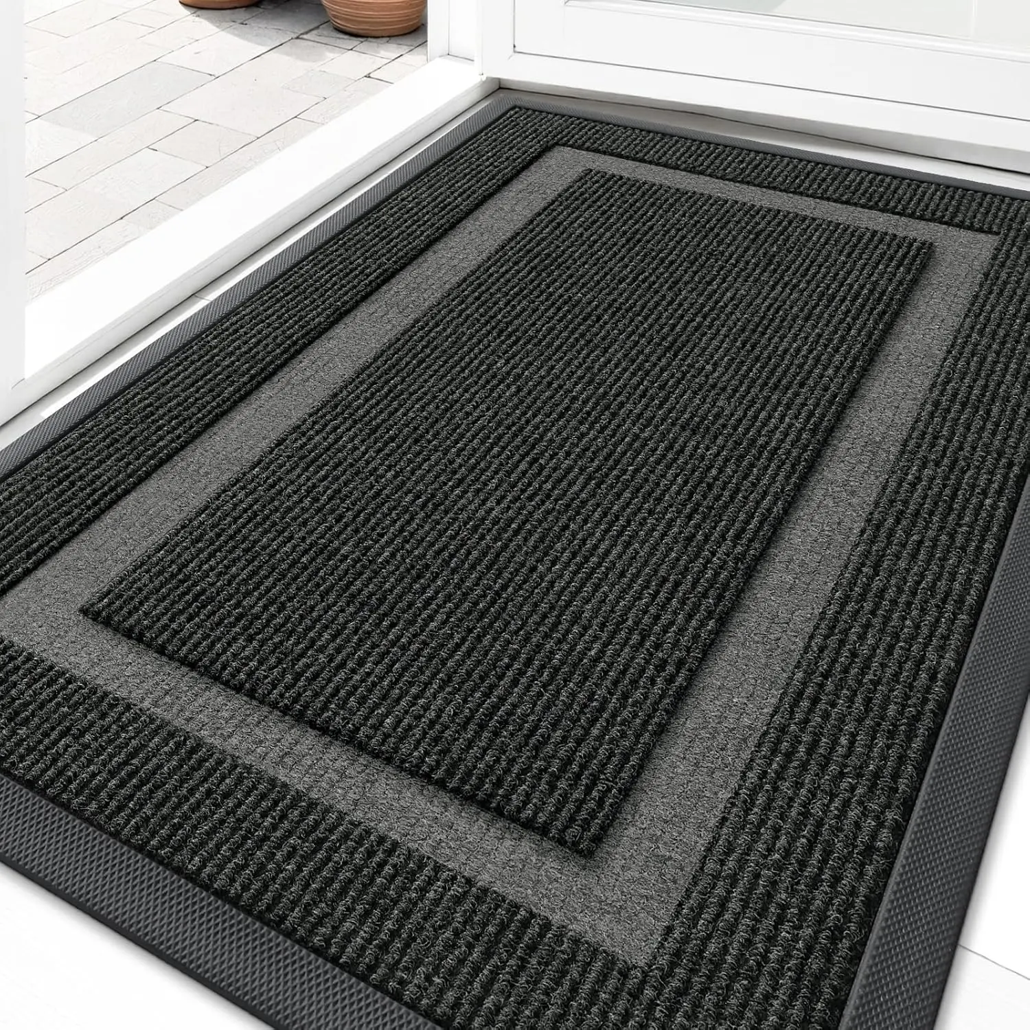 Black Flat Woven Modern Geometric Front Door Mat, 29.5x17in Sturdy Natural Rubber, Waterproof Low Profile, Fade Resistant Easy Clean Indoor Outdoor Entrance Patio Porch Mat