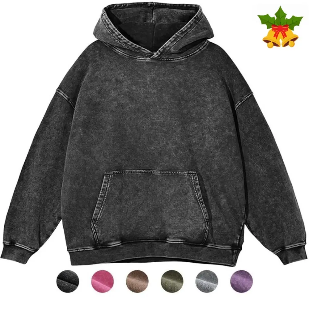 Men's Unisex Cotton Loose Oversized Hoodie - Retro Style, Plain, Pockets Included, Pull-On Acid Wash Preppy Streetwear Pullover, Minimalist Everyday Hooded Sweatshirt Top