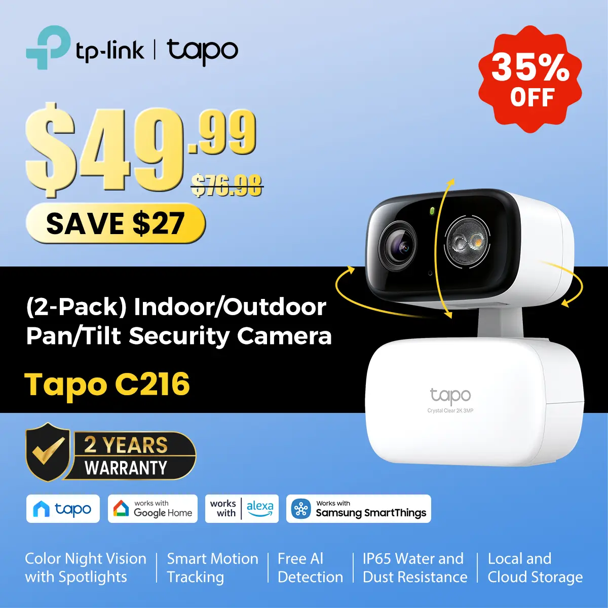TP-Link & Tapo C216(2-pack) 2K Pan/Tilt Indoor/Outdoor Security Camera with AI Detection, Baby Cry Detect, Motion Tracking, Color Night Vision, 360° Pan/Tilt, No Subscription, Alexa & Google Compatible #SummerWins #DealsForYouDays