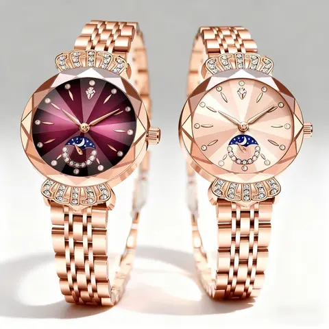 [Mother's Day Gift] Women's Analog Casual Fashion Wristwatch, 40mm Round Rose Gold Moon-Sun-Star Dial, Faceted Crystal Accent, Stainless Steel Butterfly Double Snap Clasp Strap, Luminous Night Read, 30m Waterproof, Calendar Func., Ideal Gift for Her