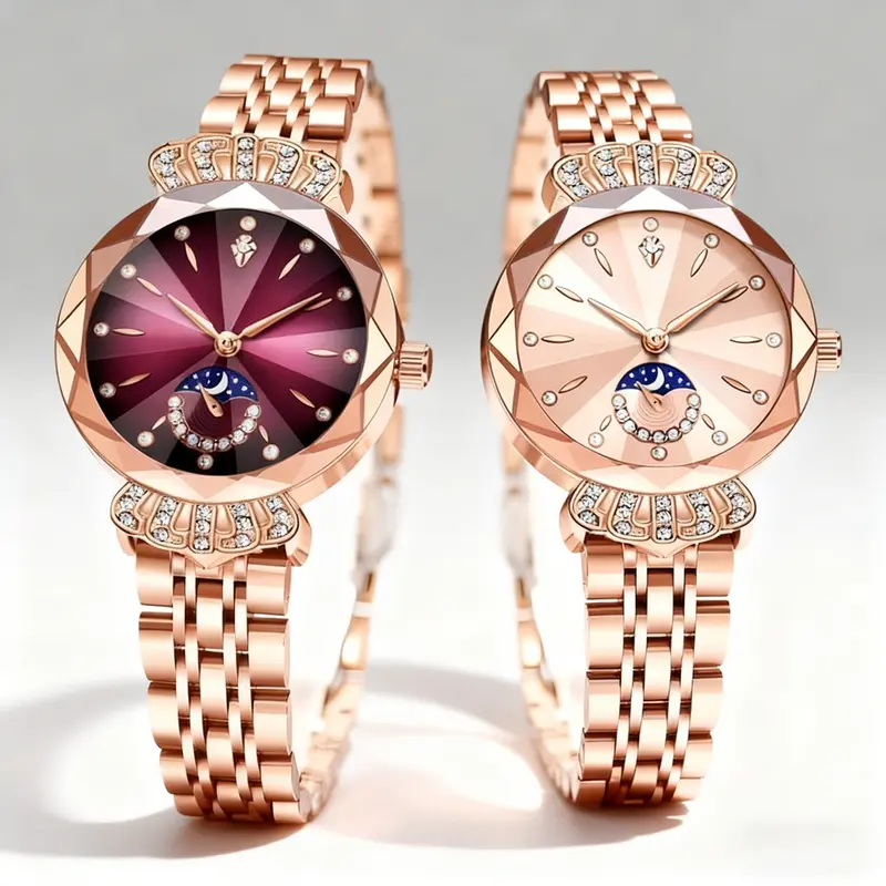 [Mother's Day Gift] Women's Analog Casual Fashion Wristwatch, 40mm Round Rose Gold Moon-Sun-Star Dial, Faceted Crystal Accent, Stainless Steel Butterfly Double Snap Clasp Strap, Luminous Night Read, 30m Waterproof, Calendar Func., Ideal Gift for Her