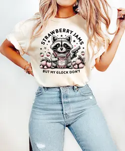 Strawberry Jams But My Glock Don't Raccoon T Shirt, Funny Raccoon Shirt, Funny Meme T-Shirt, Y2K Shirt, Raccoon Lover Gift