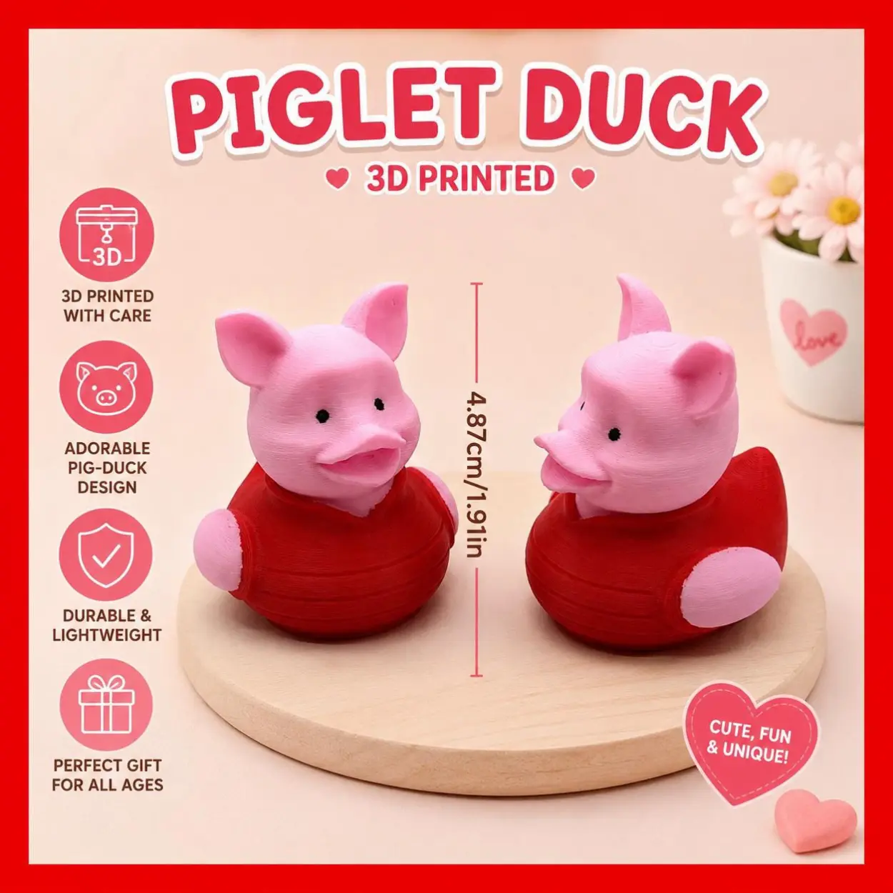 3D Printed Piglet Duck Figurine | Cute Pig Duck Desk Toy | Mini Animal Decor Gift