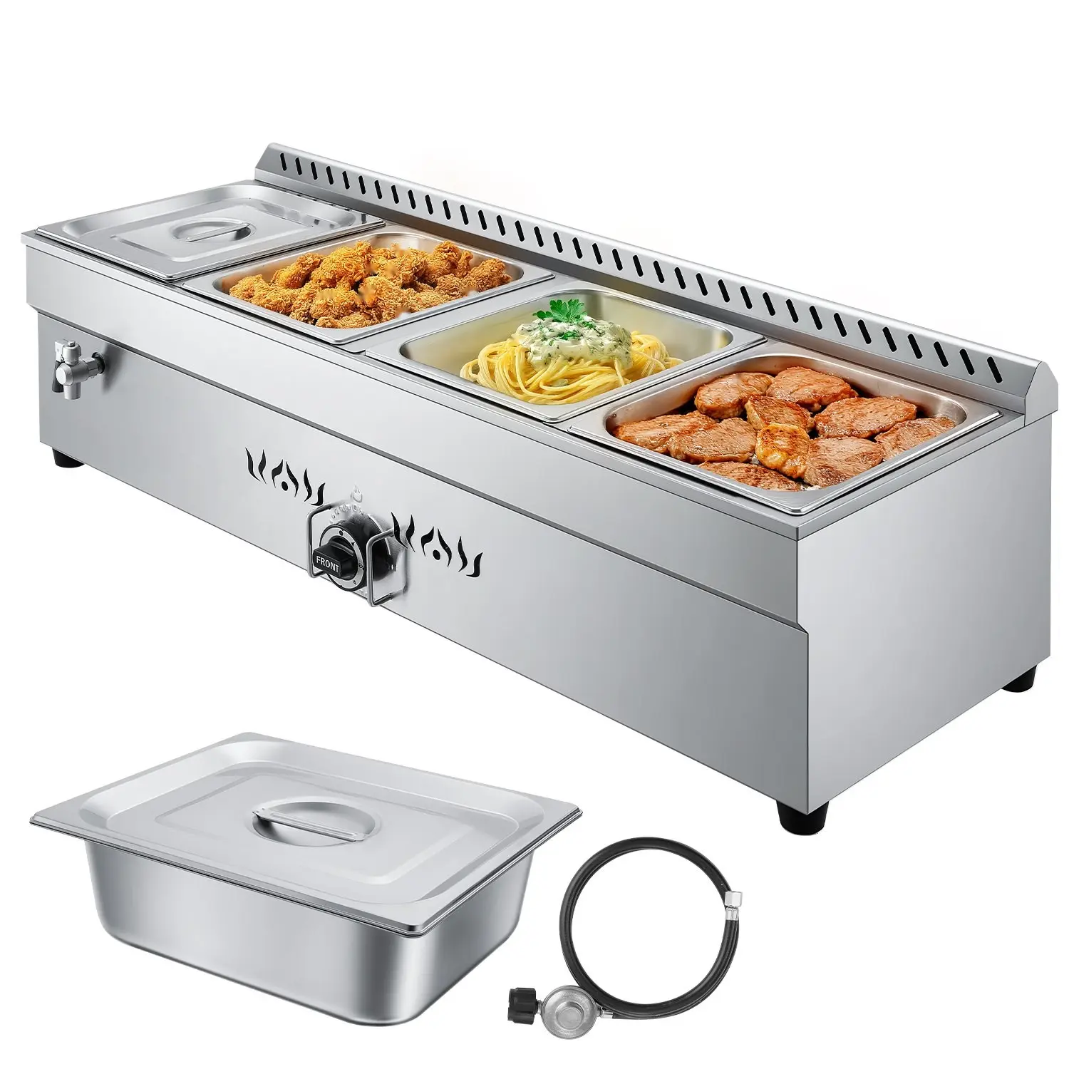 Commercial Propane Steam Table For 4-Pan Outdoor Food Warmer In Stainless Steel, Gas Powered Food Service Equipment For Outdoor Catering, Durable Restaurant Grade Construction, Easy To Clean, Portable And Reliable