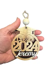 "Personalized Graduation Car Charm/Ornament, Customized Year and Name, Unique Wood Gift for Graduate