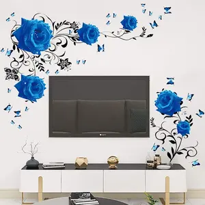 Blue Rose Wall Sticker Rose Vine Wall Sticker Blue Peony Floral Wall Decor DIY Vinyl Mural Art Suitable for Bedroom Living Room Sofa Background Wall