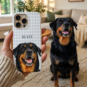 Custom Pet Photo Phone Case, Personalized Dog Portrait Iphone Case, Custom Pet Name Gingham Cover, Gift For Dog Lover, Dog Memorial Gift