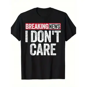2026 Hot New Men's Breaking News I Don't Care Graphic T-Shirt - 100% Cotton Relaxed Fit Casual Tee with Bold Imitation Print, Short Sleeve Round Neck for Casual Attire