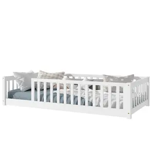 Twin Size White Montessori Low-Profile Floor Bed Frame with Full Surround Fence, Rubber Wood-Plywood Structure (76.6x41.5x17.5in), 7-Slat Support, 250LBS Capacity, Easy Assembly for Child Sized Toddler Bedroom, Safe Sleep Bed, Twin Bed Frame