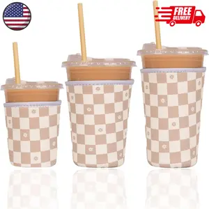 Reusable Insulated Neoprene Iced Coffee Cup Sleeve Floral Checkers