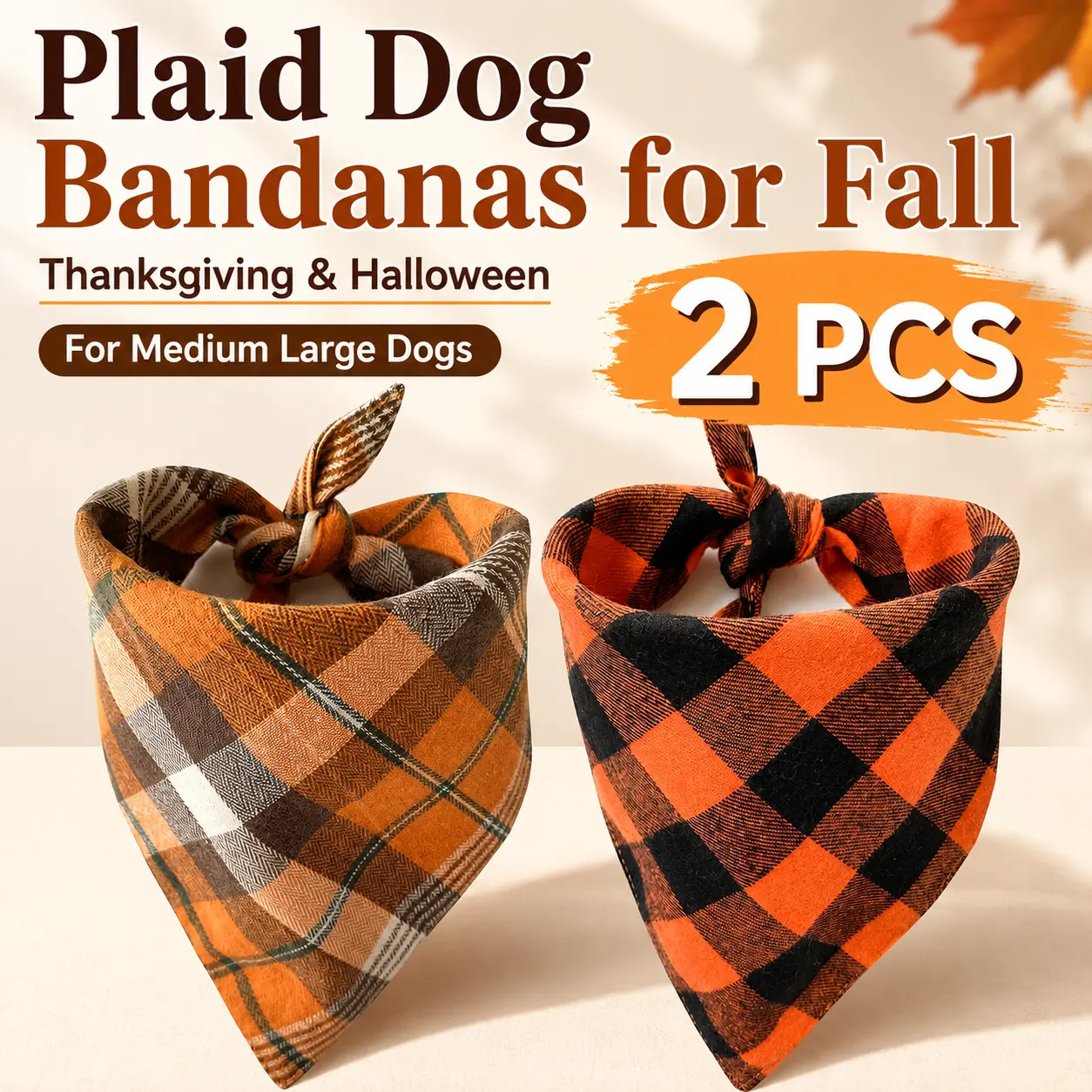 2-Pack Plaid Dog Bandanas for Fall - Premium Thanksgiving & Halloween Scarves for Medium Large Dogs