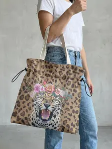 Tiger Pattern 2D Printed Drawstring Tote Bag, Casual Tote Bag, Large Capacity Shopping Bag, Durable and Wear-Resistant, Suitable for Work, Shopping, Picnic