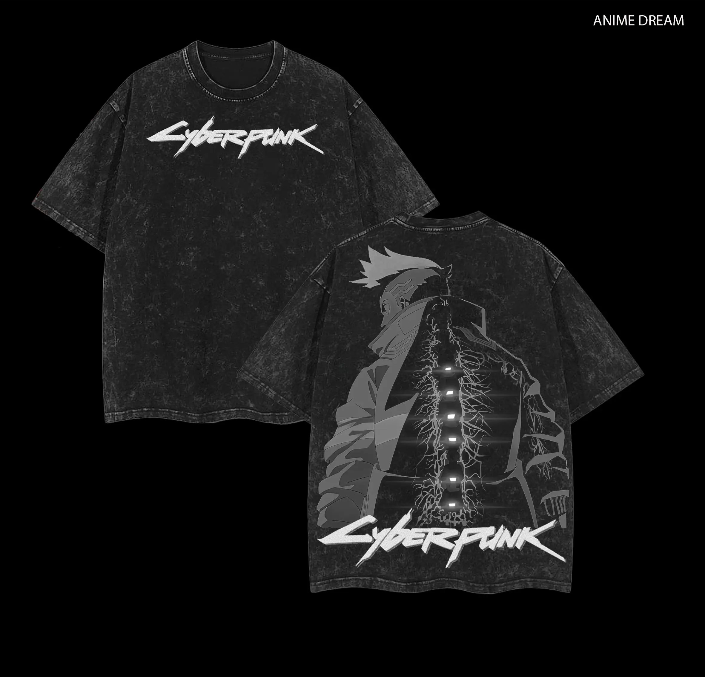 Cyberpunk David Anime Double Printed Vintage Washed Tee Unisex Oversize Heavyweight Cotton T-shirt for Anime Fans and Lovers