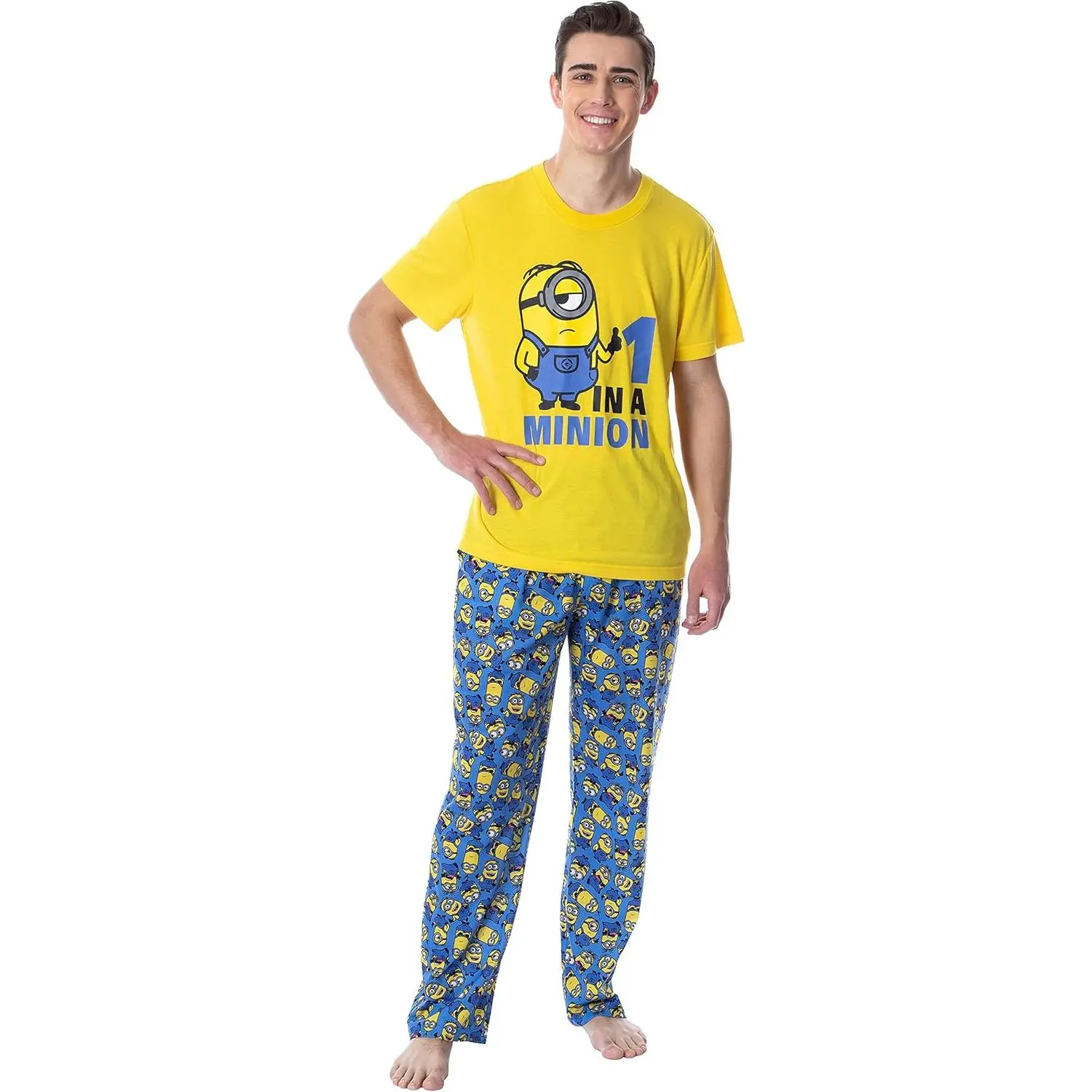 Men's Minions 2-Piece Pajama Set, Soft Polyester Loungewear with a Graphic Tee and All-Over Print Stretch Pants, Apparel