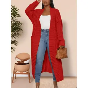 Women's Solid Color Textured Drop Shoulder Pocket Longline Cardigan, Casual Open Front Knitwear  Textured Knit for Fall & Winter, Women's Knit Clothing for Daily Wear, Knitwear for Daily Wear(Raincoats)