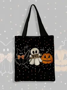 Halloween Ghost Pumpkin Print Storage Bag, Night Scene Casual Fashion Trendy Design, Perfect for Daily Shopping Office Use, Casual Tote Bag