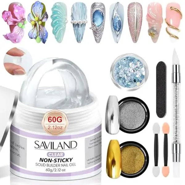 SAVILAND 60g Solid Builder Nail Gel Non-Sticky Sculpting Gel for Nail Art | 3d Sculpting Molding Gel for Carving Pattern Extension, Clay like Texture with Sequins Chrome Powder, Nail Art Home Manicure