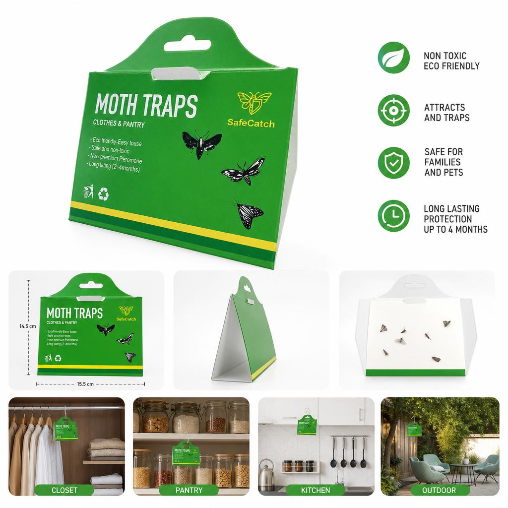 10-Pack Paper Pantry Moth Pheromone Glue Traps - Safe, Effective Indoor Residential Pest Control for Food Cupboards, Wool Closets, Multiple Bugs