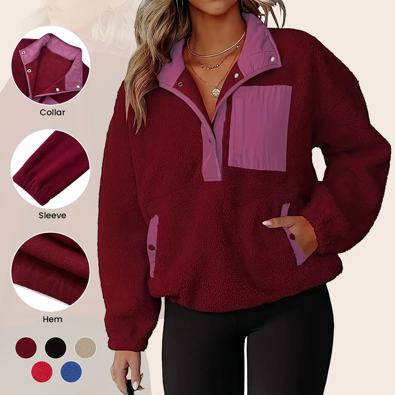 Aswulk Womens Fuzzy Fleece Pullover Sherpa Sweatshirt Long Sleeve Color clashing Button Down Sweater Winter Fleece Jacket with Pockets