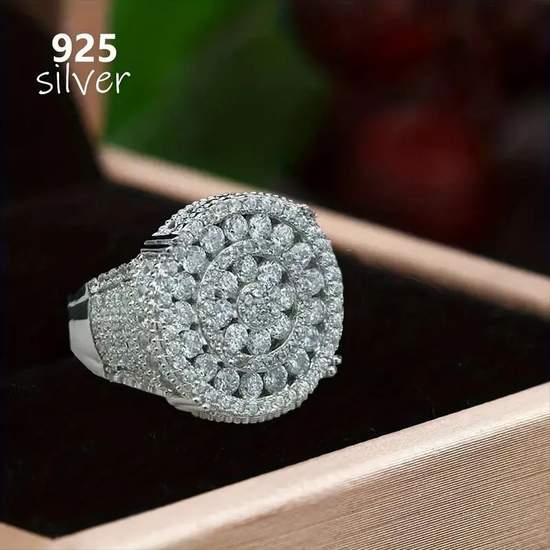 S925 Silver 3-Carat Moissanite-Inlaid Ring, Hip Hop Gothic Trendy Men's Accessories, Suitable for Daily Wear & Parties, Ideal Gift for Couples - C, Gothic Style