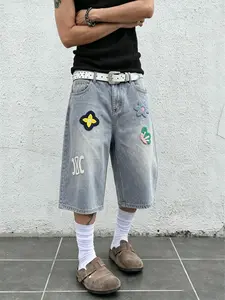 Men's 3/4 Baggy Denim Shorts Y2K HipHop Streetwear Chenille Flower Patches Wide Leg Jorts Vintage Black Washed Knee Length Casual Skate Shorts Unisex Menswear Jeans Wetsuit Trouser Pants Pocket Motocross