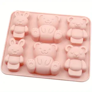 1pc 6-in-a-row rabbit bear silicone biscuit mold, handmade chocolate mold, DIY baking tool, jelly mold