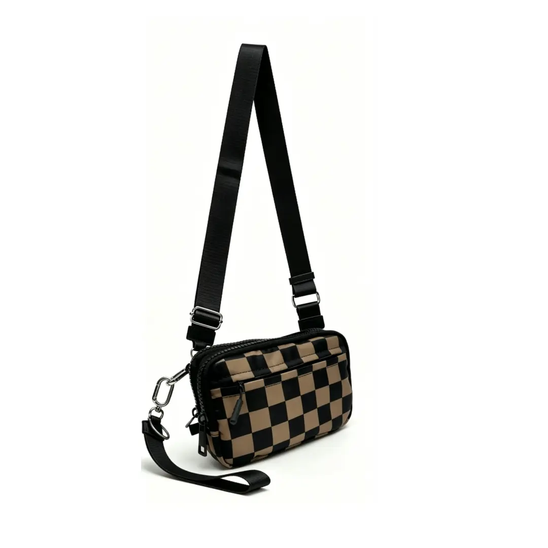 Women's Checkered Nylon Quilted Wristlet Wallet - Watersafe Nylon Purse with 4 Zippers, Adjustable Strap Bag, Travel Credit Card Holder, Cell Phone Organizer, Lightweight Mini Crossbody Bum Chest Bag, Crossbody Bag