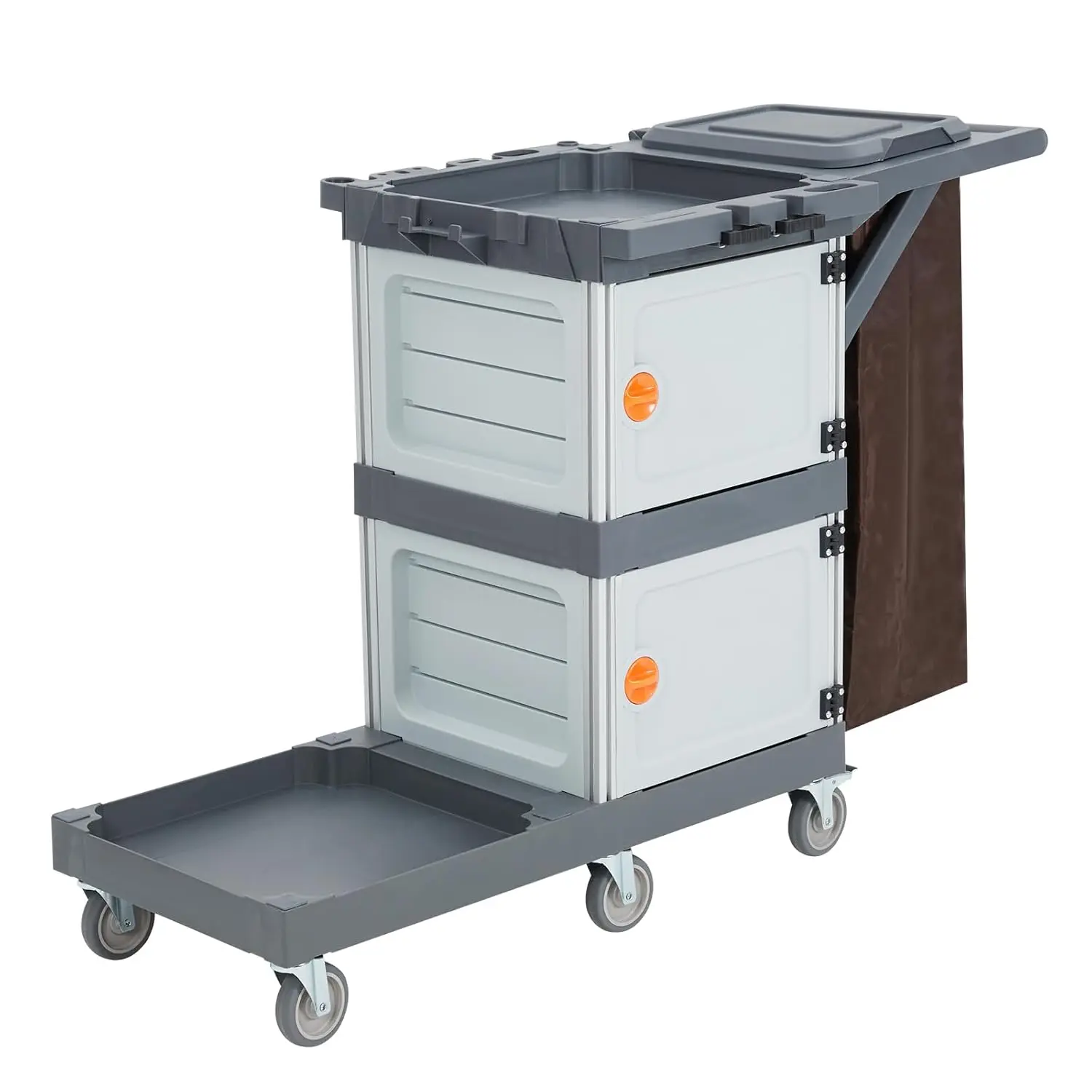 Commercial Traditional Janitorial with 2 Cabinet Cleaning Cart 3-Shelf Cleaning Cart on Wheels with Cover and Vinyl Bag, Custodial Cart for Housekeeping Hotels Apartment