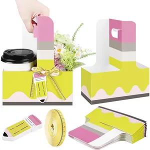 24 Sets Teacher Appreciation Gift 2 Cups Drink Carrier with Handle Paper Coffee Cup Holder Kraft Gift Boxes with Greeting Card and Ribbon for Teacher Appre