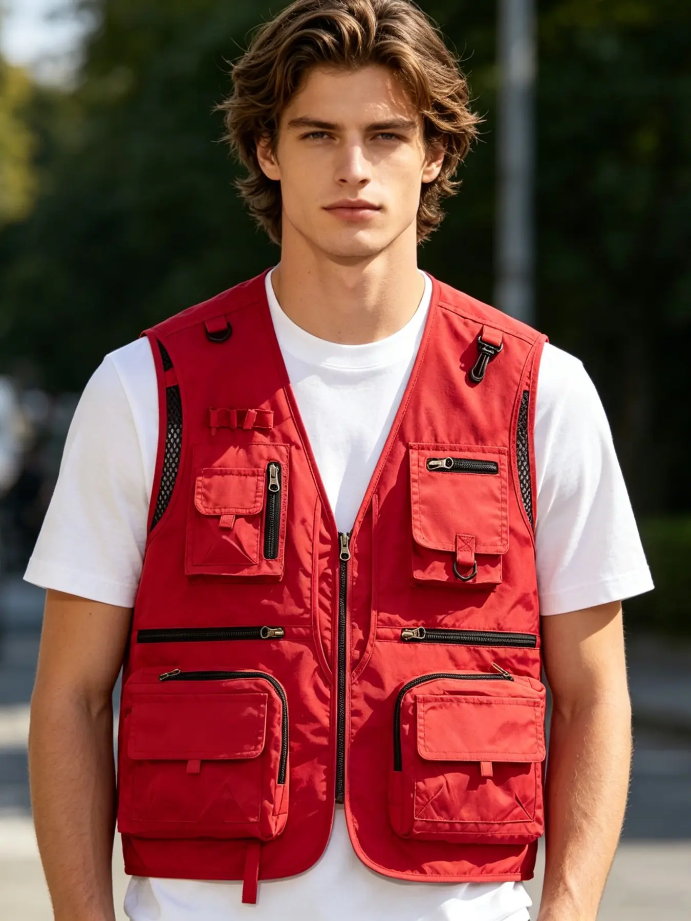 Men's Solid Color Multi-pocket Zip Up Vest Zipper Jacket Gilet Waistcoat, Casual Breathable Outdoor Sports Vest, Men's Sportswear for Hiking Fishing, Casual Lightweight Vest