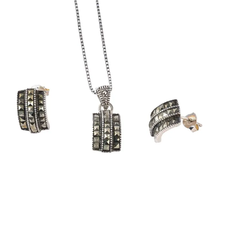 Women's 925 Sterling Silver Jewelry Set - Elegant Rectangular Marcasite Necklace & Earrings, 1mm 16-20in Adjustable Chain (18cm Option), Daily Wear Birthday Gift for Adults