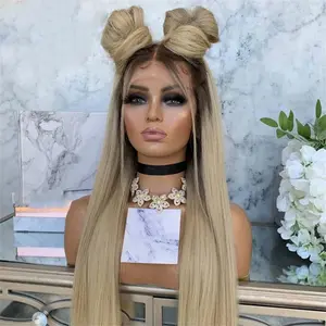 13X4 Transparent Lace Human Hair Wigs Ombre Ash Blonde Straight Wigs Human Hair Pre Plucked Blonde Lace Front Human Hair Wig 200 Density for Women