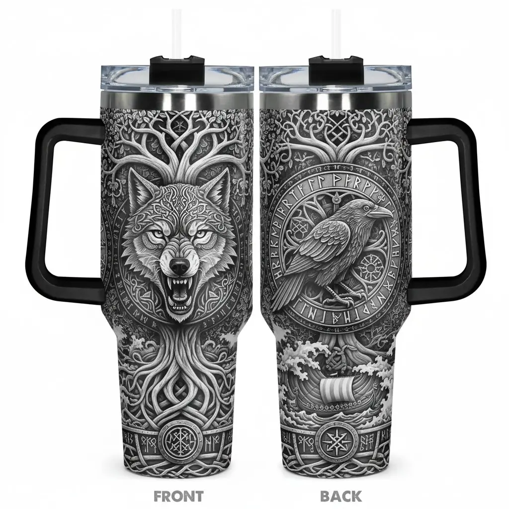 Fenrir & Odin's Raven 40oz Insulated Tumbler - 24+ Hours Cold Retention, Spill-Resistant with Handle - 1.18L Hydration Travel Mug for Gym, Outdoor & Sports - Ideal Viking Gift for Men, Dad, Husband & Norse Mythology Fans - Birthday & Holiday Present