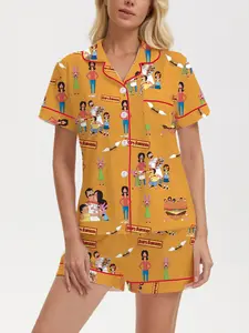 Bob's Burgers Full Print Sleepwear Set for Women, Cartoon Print Pajama, Collared Neckline Short Sleeve Shorts, Casual Home Wear, Comfortable Loungewear, Lounge Pjs Set, Full Print Design