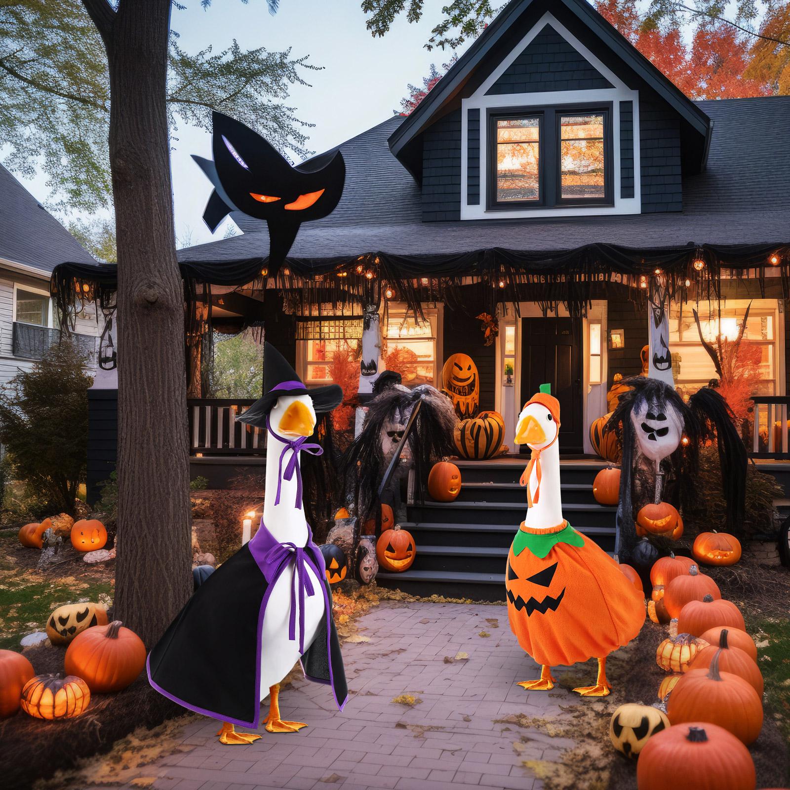 2 Sets Halloween Porch Goose Outfit fit 23 inch Goose, Lawn Porch Goose Clothes Clothing Fall Halloween Outfit for Outdoor Patio Yard Lawn Art Decoration