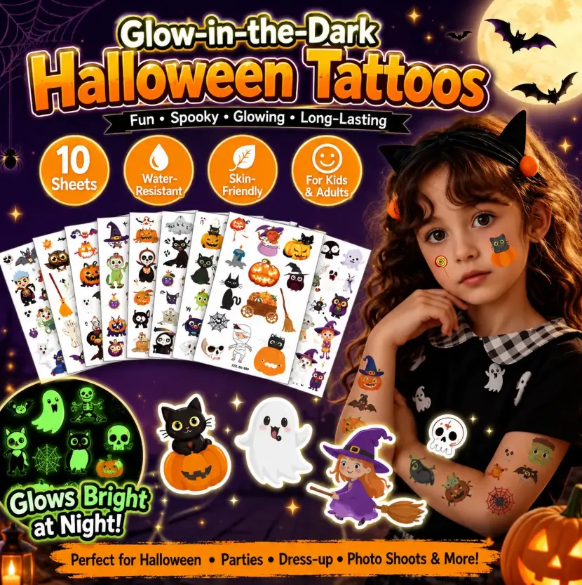 50PCS Luminous Halloween Cartoon Tattoo Decal Set, Waterproof Stickers for Kids Adults Party Dress-Up & Photo Shooting