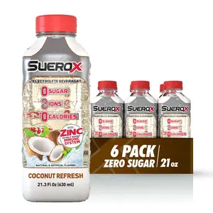 SueroX Zero Sugar, Coconut Refresh, 6 Pack, Electrolyte Drink for Hydration and Recovery, Unique Blend of Electrolytes & 8 Ions, Zero Calorie, Refreshing Beverage, Sports Drink, 21.3 Fl Oz,  Coconut