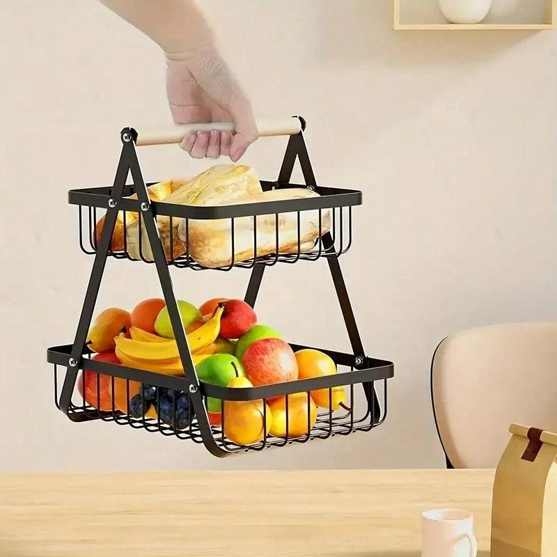 TAIMASI [1pc Metal Storage Basket] 1pc Elegant Black Metal Wire Multi-Tier Detachable Bathroom & Kitchen Storage Basket | Wooden Handle, Food-Safe Countertop Basket For Fruits, Bread, Home Organization, Bathroom Basket Organizer, Durable Construction