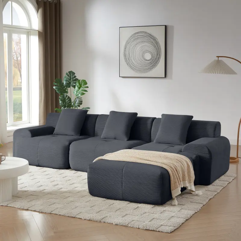 113" Modern Modular Sectional Sofa Couch with Ottoman, Oversized Deep Seat Couch, Corduroy Upholstery 3-Seater L-Shaped Couches for Living Room, No Assembly Required, Grey